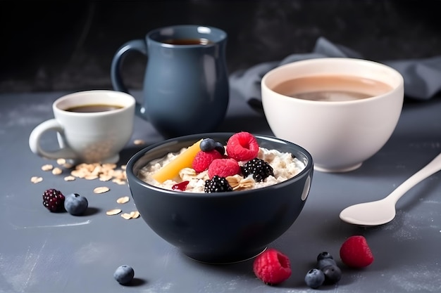 Tradizionale porridge di farina d'avena per la colazione con frutti di bosco IA generativa