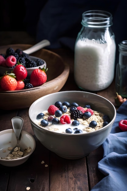 Tradizionale porridge di farina d'avena per la colazione con frutti di bosco IA generativa