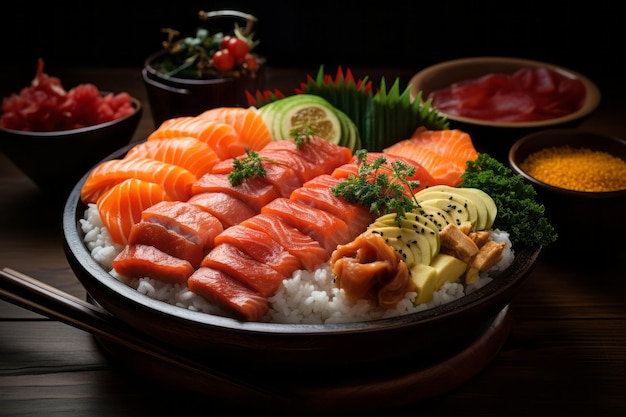 Tradizionale scatola di bento piena di piatti giapponesi colorati e deliziosi