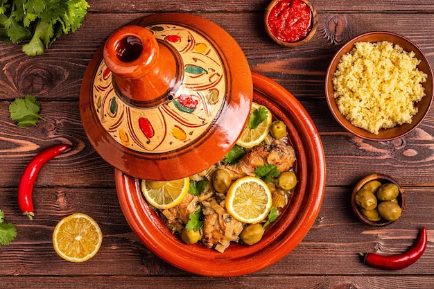 Tradizionale tajine marocchina di pollo con olive limoni salati