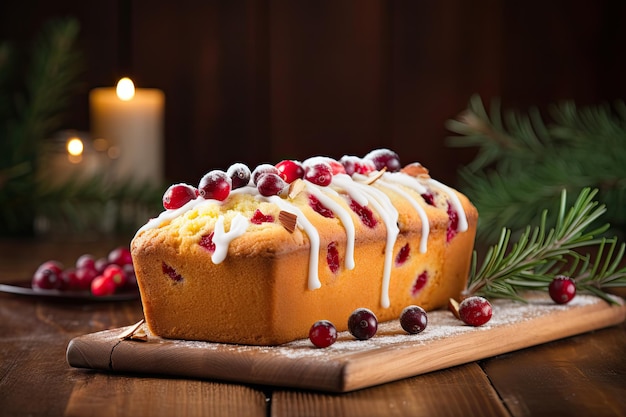 Tradizionale torta di Natale decorata con zucchero e mirtilli rossi sulla tavola di legno