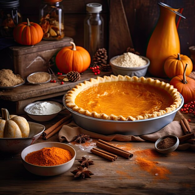 Tradizionale torta di zucca fatta in casa su tavolo di legno torta di cicuta al forno festa del Ringraziamento