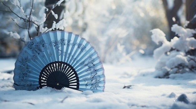 Tradizionale ventilatore giapponese con sfondo di paesaggio invernale innevato contenuto generato da AI