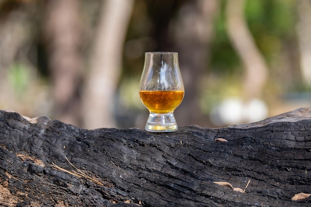 Tradizionale whisky scozzese single malt nel bicchiere Glencairn in focalizzazione selettiva