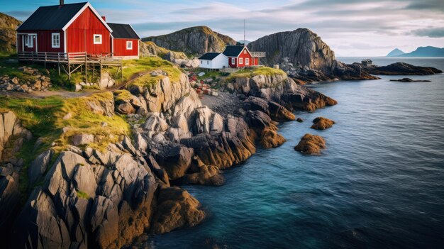 Tradizionali capanne di pescatori rossi di Rorbu sulla costa rocciosa delle isole Lofoten, in Norvegia