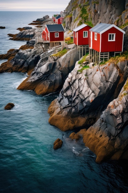 Tradizionali capanne di pescatori rossi di Rorbu sulla costa rocciosa delle isole Lofoten, in Norvegia