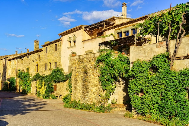 Tradizionali case in pietra con vasi di piante verdi e fiori nel villaggio catalano di Monells Girona