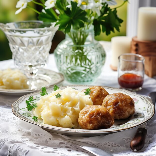 Tradizionali gnocchi di patate tedeschi con deliziosa carne su uno stile platerustico bianco da vicino