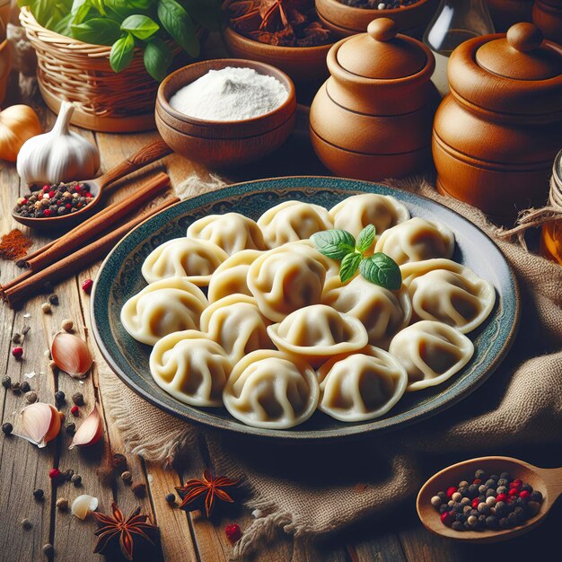 Tradizionali gnocchi di ravioli pelmeni riempiti di carne su piatto cucina russa