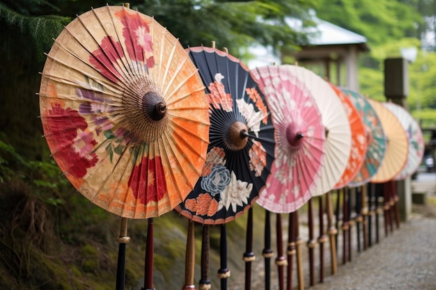Tradizionali ombrelloni di carta esposti vicino a un santuario shintoista creato con ai generativi