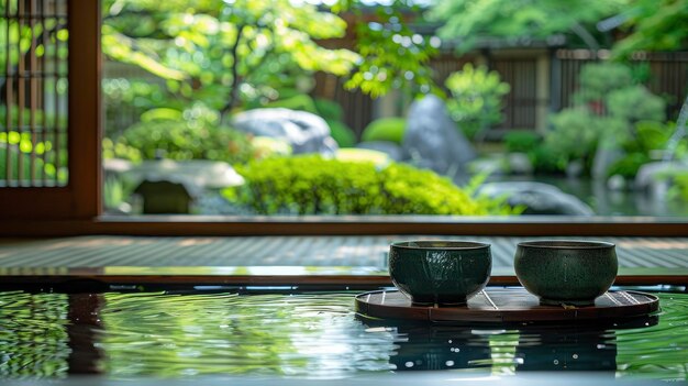 Tradizione serena Cerimonia tradizionale giapponese del tè in un giardino tranquillo Immersione dei partecipanti in un rituale culturale di apprezzamento del tè e armonia con la natura