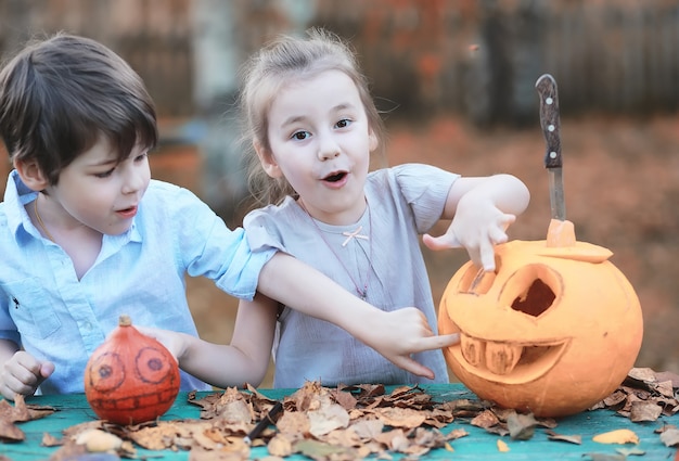 Tradizioni autunnali e preparativi per la festa di Halloween. Una casa nella natura, una lampada fatta di zucche si ritaglia a tavola.