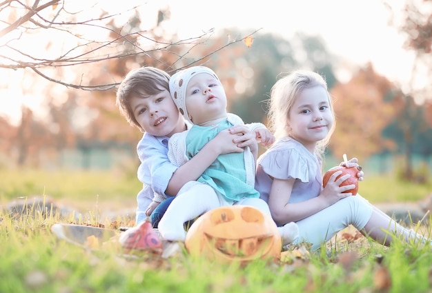 Tradizioni autunnali e preparativi per la festa di Halloween. Una casa nella natura, una lampada fatta di zucche si ritaglia a tavola.