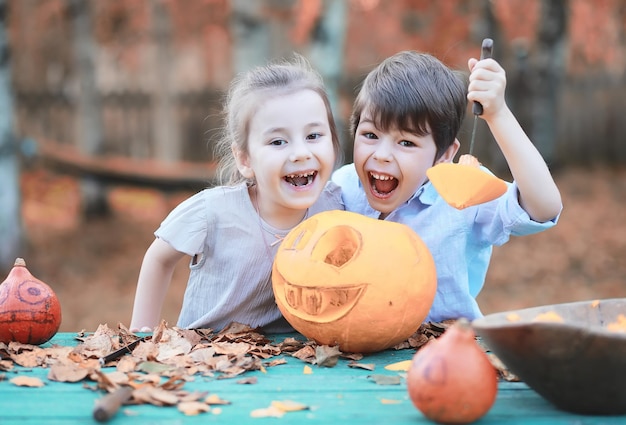 Tradizioni autunnali e preparativi per la festa Halloween Una casa nella natura una lampada fatta di zucche sta ritagliando a tavola