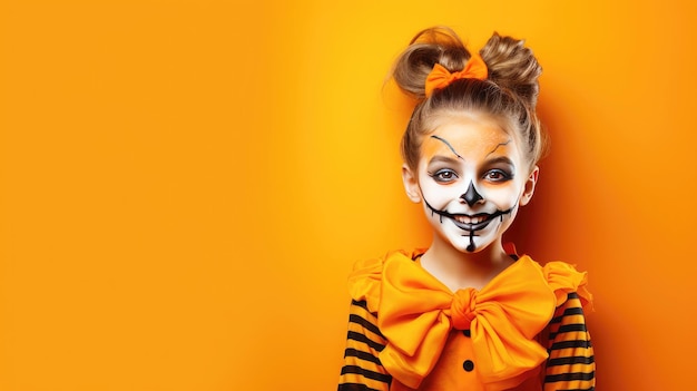 Tradizioni festive ragazza in trucco di Halloween su sfondo arancione spazio per il testo