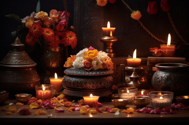 Tradizioni illuminanti di Diwali Puja Serenity create con l'intelligenza artificiale generativa