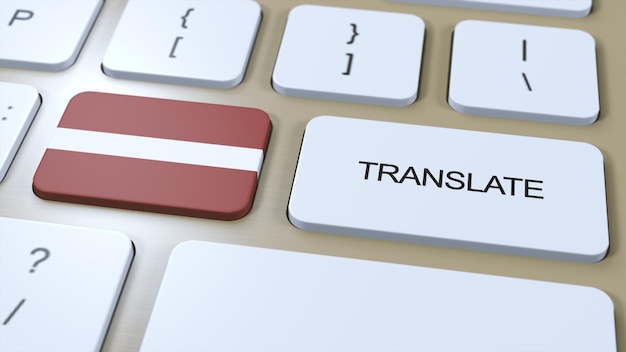 Traduci il concetto di lingua lettone Traduzione del pulsante di parola con il testo sull'illustrazione 3D della tastiera