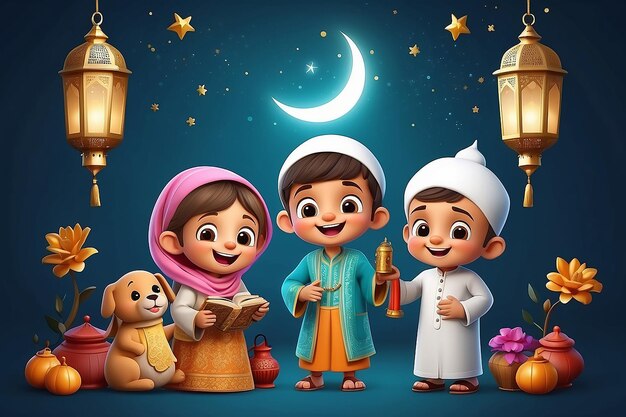 Traduzione Buon Eid al Fitr Buoni bambini musulmani che festeggiano l'Eid con 3D