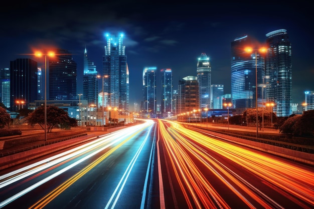Traffico ad alta velocità e sentieri luminosi sull'autostrada al crepuscolo Città moderna di notte AI generativa