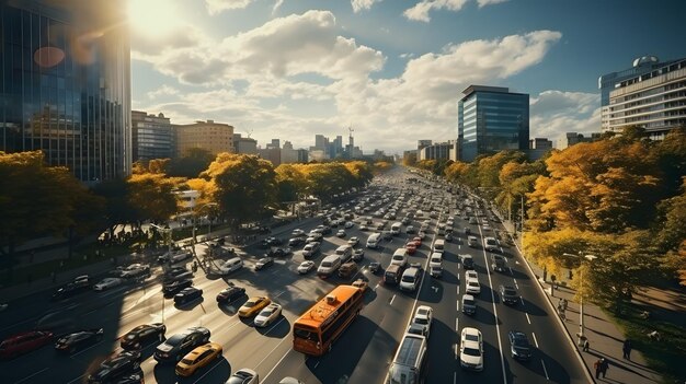 traffico arafly su una strada trafficata della città con edifici alti AI generativa