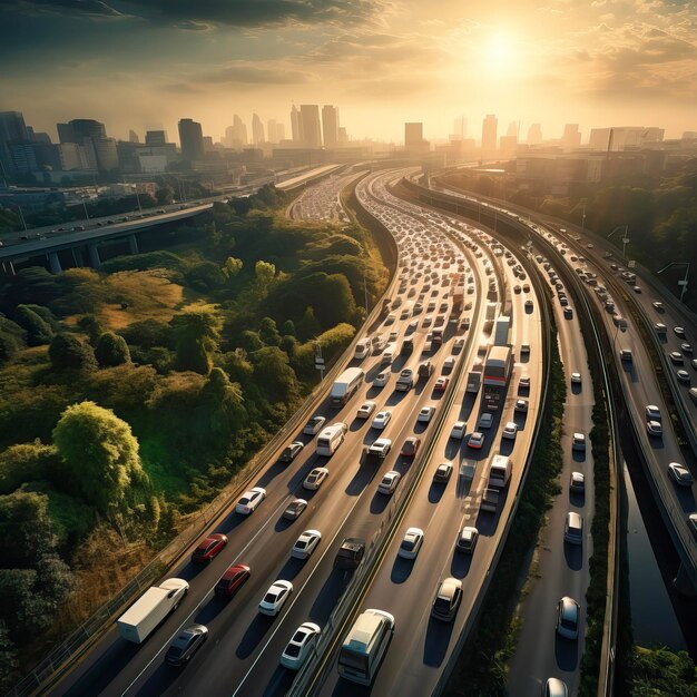 Traffico automobilistico in movimento sull'autostrada vista aerea