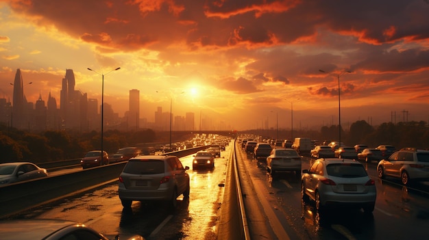 Traffico autostradale al tramonto