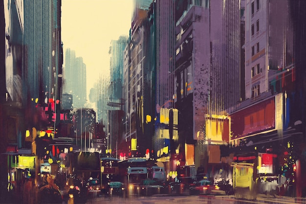 Traffico cittadino e luce colorata a Hong Kong, pittura illustrativa