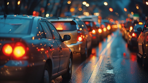 Traffico cittadino intenso in una serata piovosa con fari luminosi