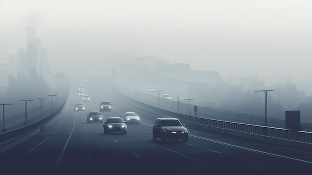 Traffico in autostrada al mattino con nebbia pesante Condizioni meteorologiche difficili pericolo sulla strada Generazione AI