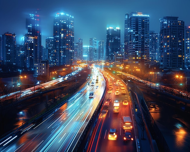 Traffico notturno in città con strisce di fari e lampioni