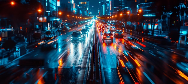 Traffico notturno vibrante sulla strada della città con la pioggia
