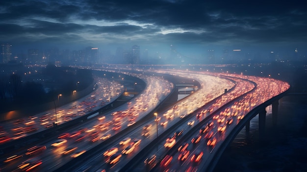 Traffico stradale notturno con molteplici vetture vista aerea Immagine di scorta