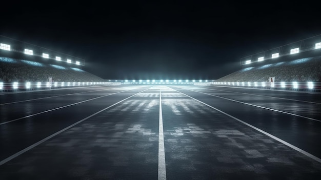 Traguardo della pista da corsa in asfalto e stadio sportivo da corsa illuminato di notte Generazione AI