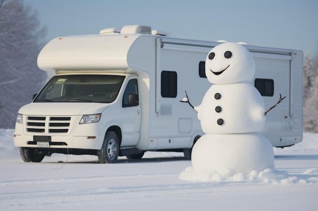 Trailer Casa mobile o furgone ricreativo Snowman Viaggi invernali Vacanze Spazio di copia