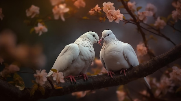 traino attraenti piccioni romantici seduti insieme su un ramo