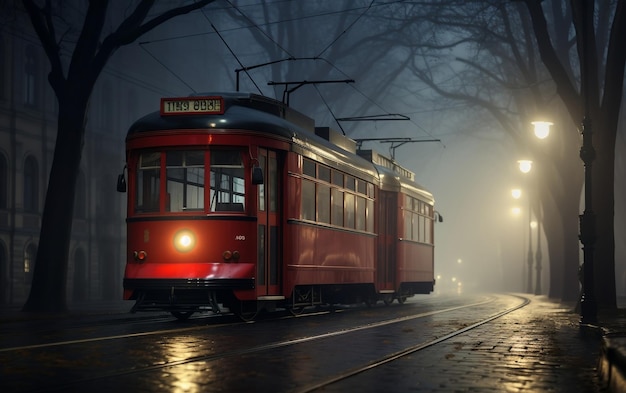 Tram in piedi sulla strada di una città IA generativa