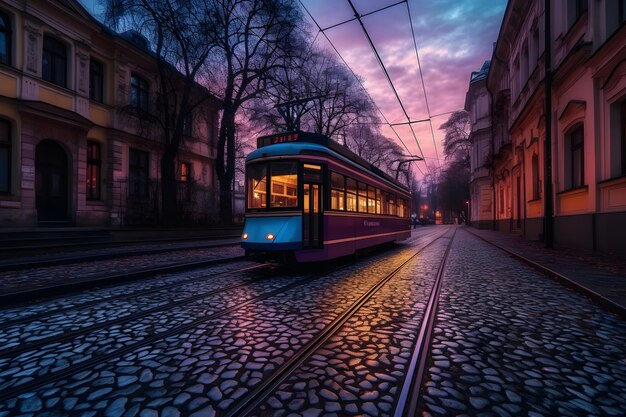 Tram retrò in città europea Rete neurale AI generata