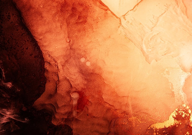 Trama di marmo arancione Acqua di inchiostro di alcol Disegno di fuoco astratto rovente con motivo a striature Liquido incandescente con scintillii di macchie dorate Pietra minerale naturale superficie arte sfondo pianeta Giove