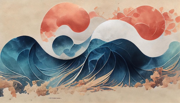 Trama di pennellata blu con motivo a onde oceaniche giapponesi in illustrazione 3d in stile vintage