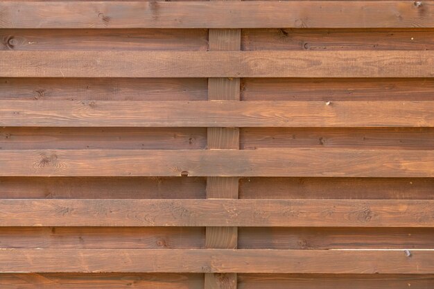 Trama di sfondo marrone di una staccionata in legno fatta di assi verticali e orizzontali di legno naturale. Fondo in legno da tavole di legno.