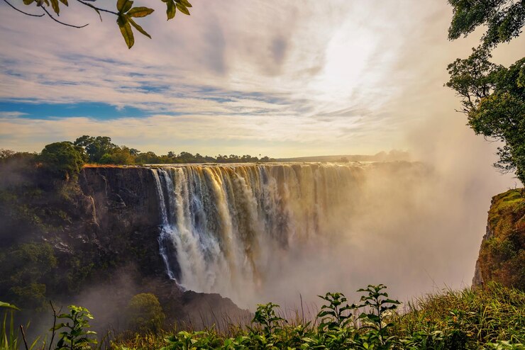 Tramonto alle Cascate Vittoria sul fiume Zambesi nello Zimbabwe