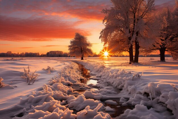 Tramonto arancione sul campo nevado IA generativa