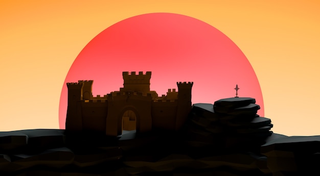 Tramonto astratto con il vecchio castello rovinato. Bandiera. Sfondo. illustrazione 3D.