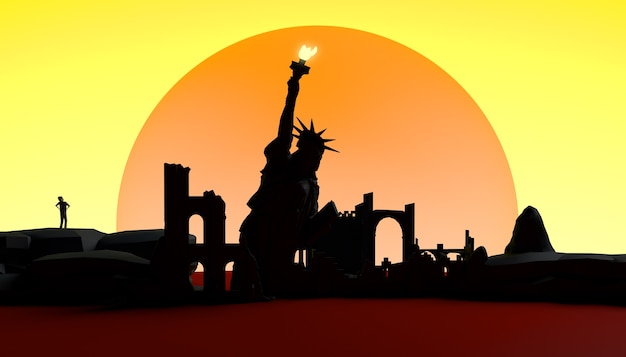 Tramonto astratto con la città distrutta e la statua della libertà. Bandiera. Sfondo. illustrazione 3D.