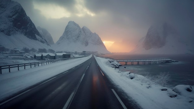Tramonto bellissimo paesaggio invernale con strada Creato con la tecnologia generativa AI