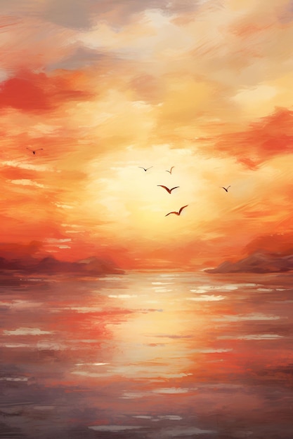 tramonto con uccelli che volano sull'acqua