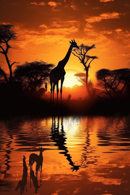 tramonto con una giraffa e due zebre nell'acqua ai generativa