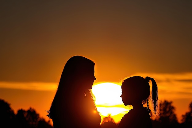 Tramonto con una silhouette di una donna e sua figlia in piedi