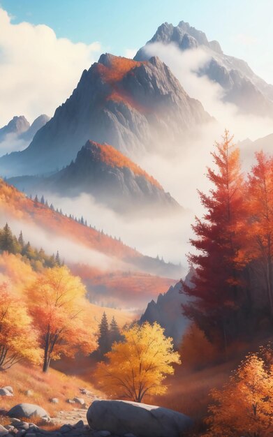 Tramonto dell'acquerello di orizzonti ambrati sul lago d'autunno