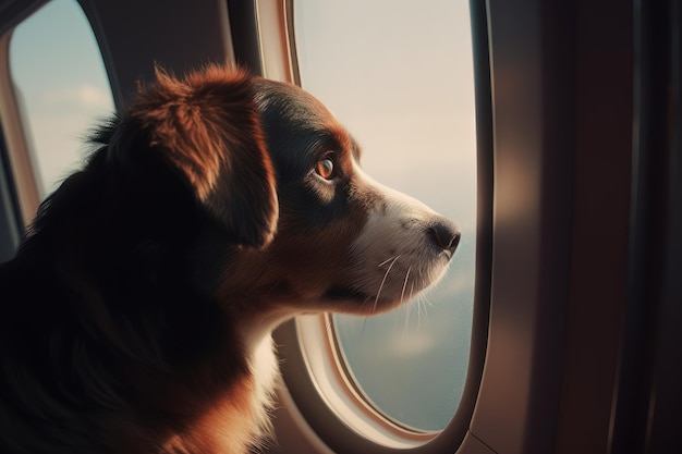 Tramonto della finestra dell'aereo del cane Assistenza al servizio Genera Ai